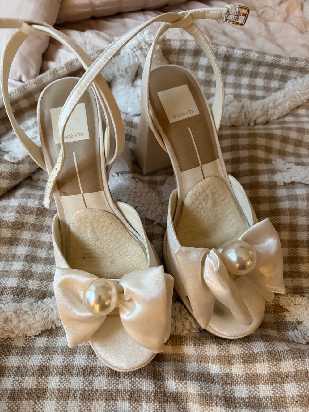 Dolce Vita Pearl-Embellished Ivory Satin Block Heels